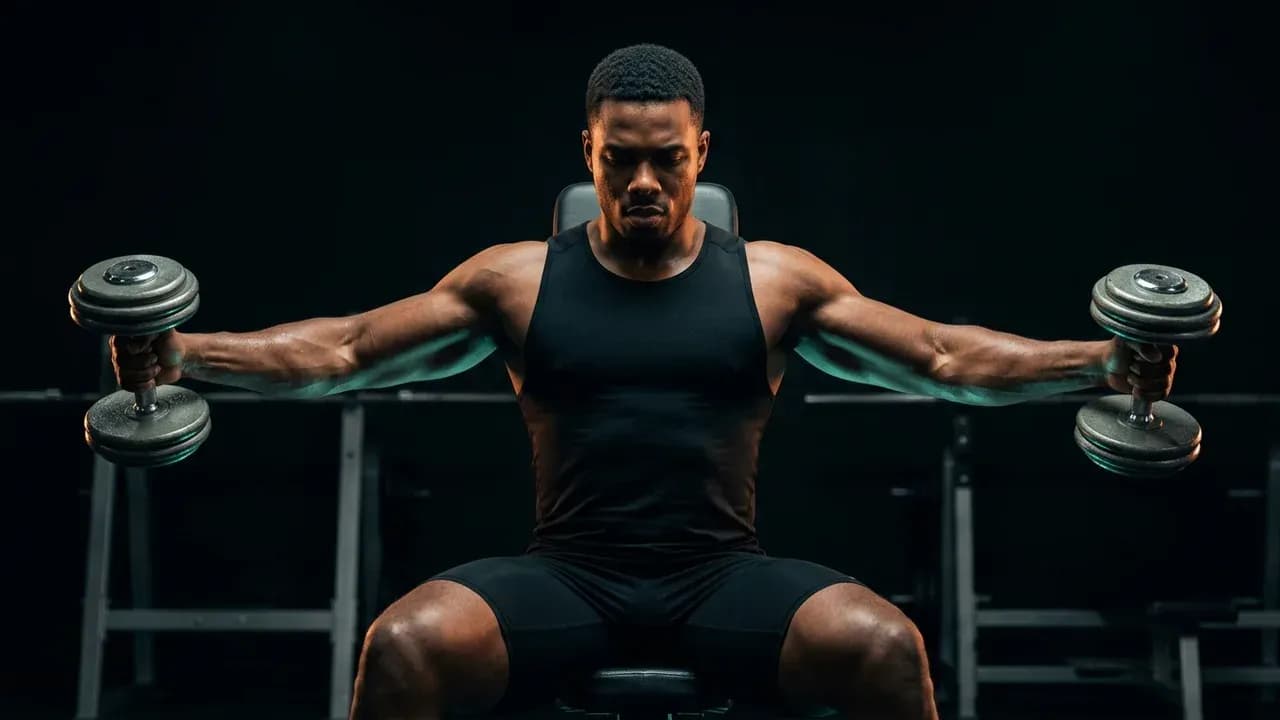 a lifter holding the bottom stretched position of an incline dumbbell chest fly with heavy dumbbells