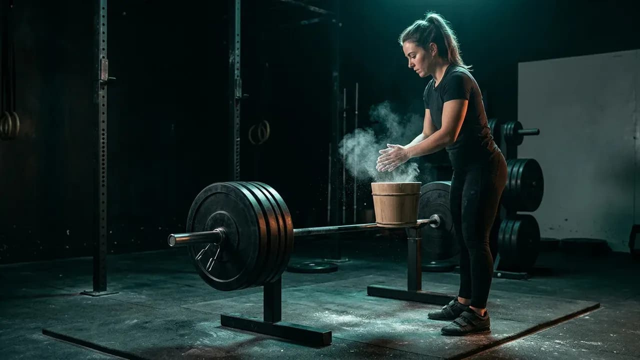 a female powerlifter chalking her hands beside a heavily loaded barbell in a training facility