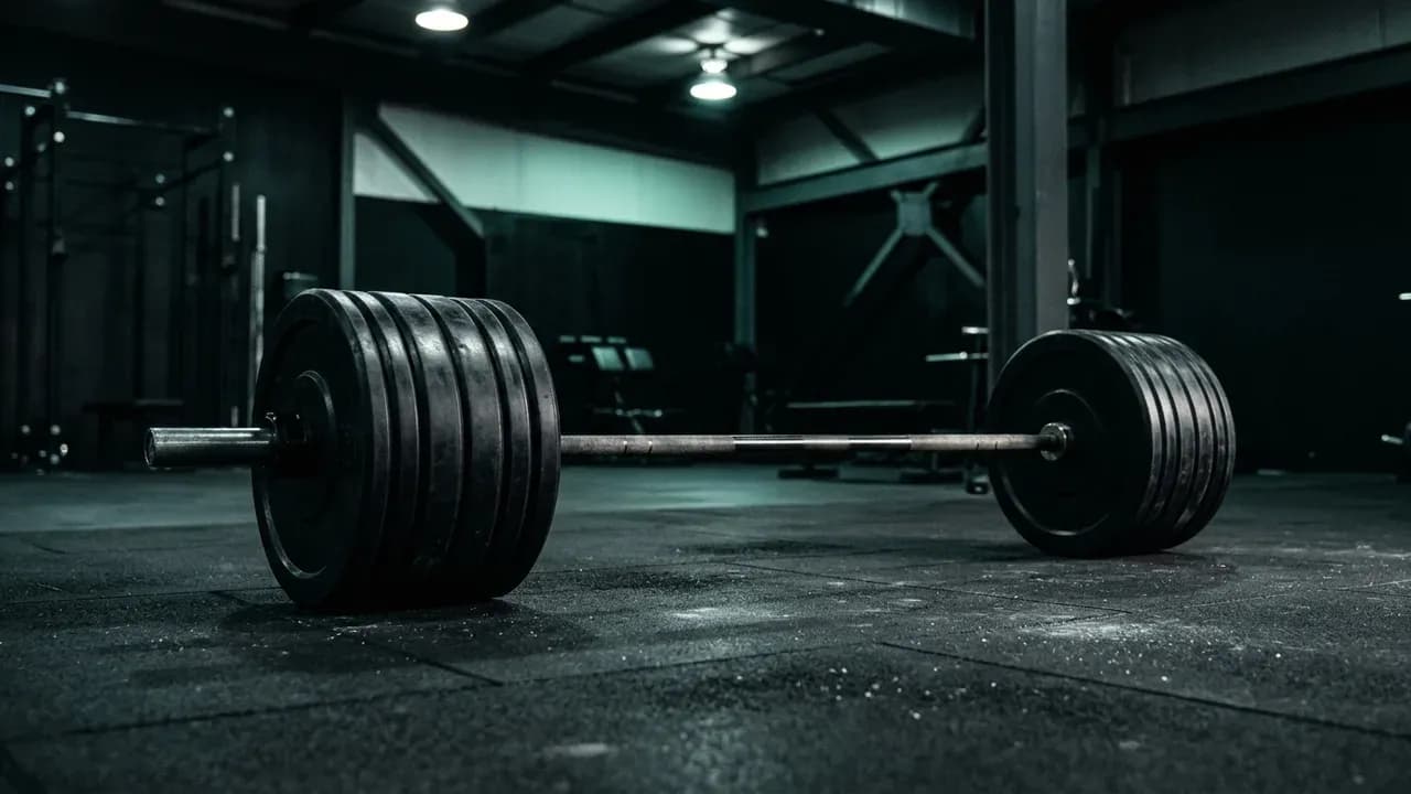 a heavily loaded barbell sitting on the rubber floor of an empty strength training facility under overhead lighting