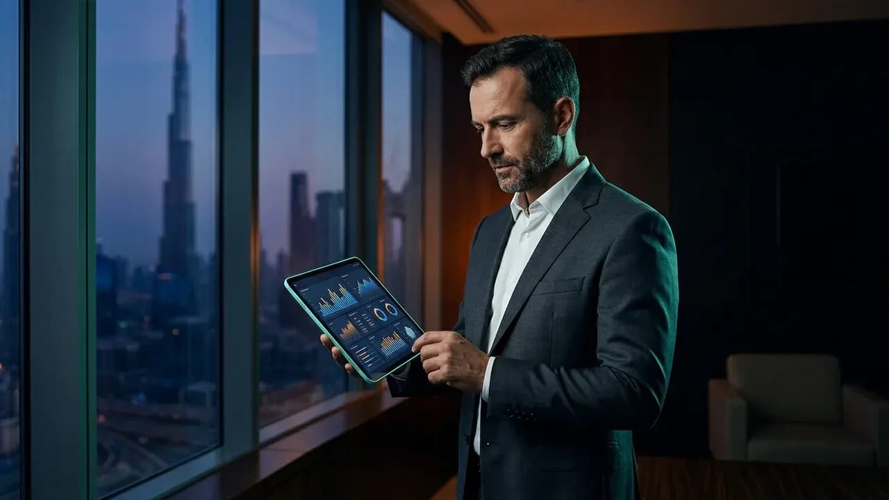 An HR Director looking at a financial performance dashboard on a modern tablet in a high-rise office in Dubai